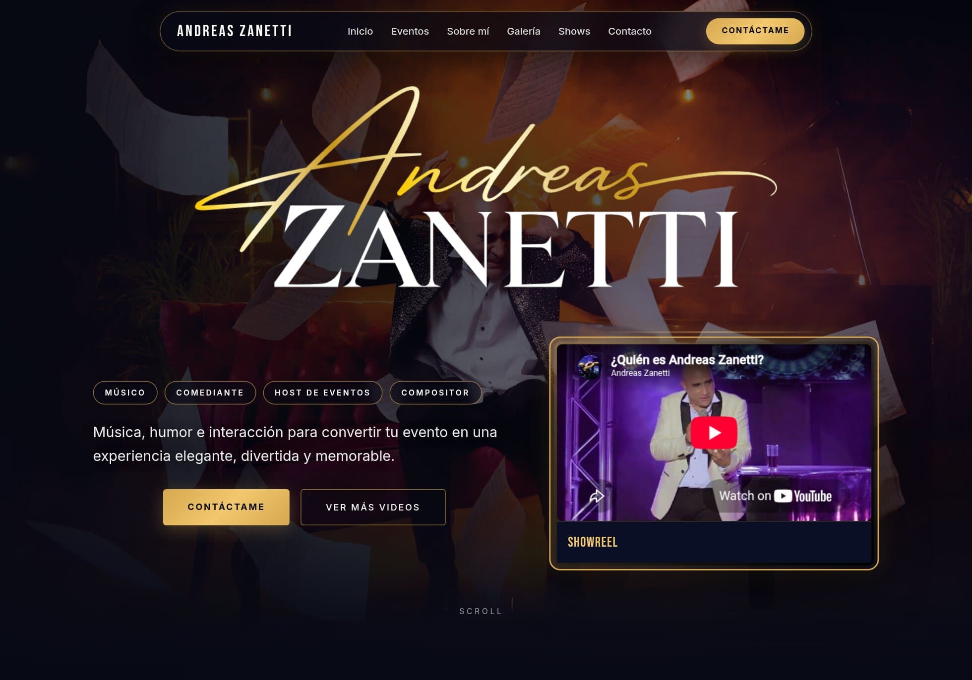 Página de inicio de andreaszanetti.com: el nombre del artista en letras doradas sobre una foto en el escenario.