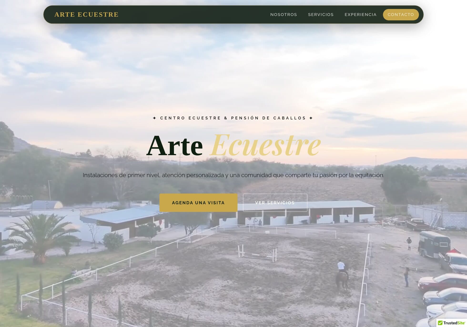 Página de inicio de arteecuestre.com: el nombre «Arte Ecuestre» sobre una vista aérea de las pistas y caballerizas.