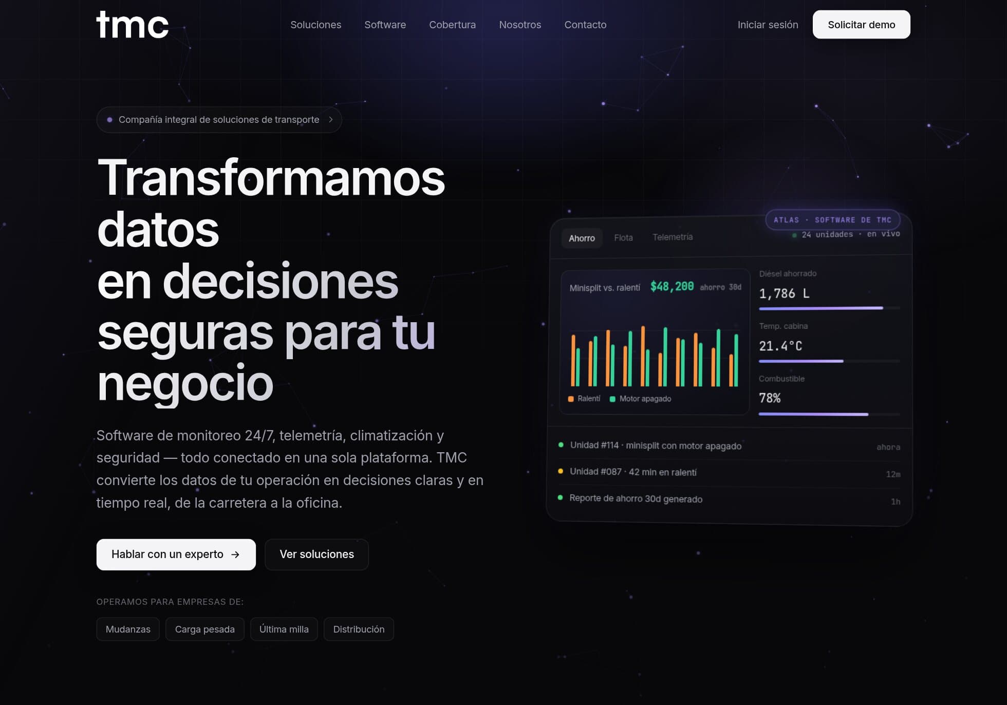 Página de inicio de tmc.space: el titular «Transformamos datos en decisiones seguras para tu negocio» junto a un panel de telemetría de flota.